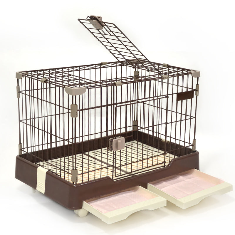 Pet Cage Large Brown Dog Cat Rabbit Crate Kennel with Potty Pad and Wheels