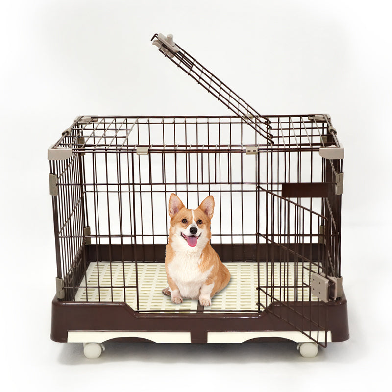 Pet Cage Large Brown Dog Cat Rabbit Crate Kennel with Potty Pad and Wheels