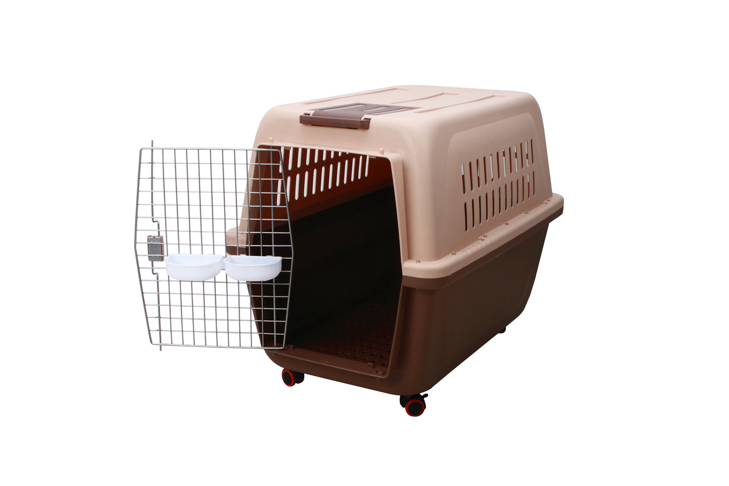 Plastic Pet Kennel Carrier Dog Cat Cage Crate with Handle & Wheel - Large Brown