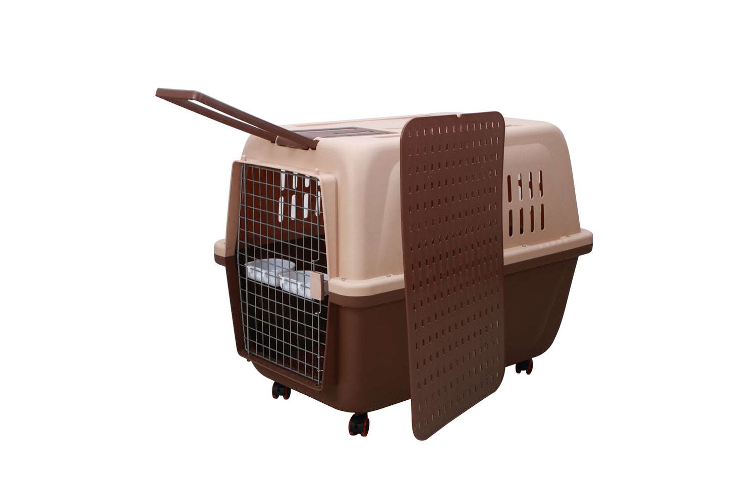 Plastic Pet Kennel Carrier Dog Cat Cage Crate with Handle & Wheel - Large Brown