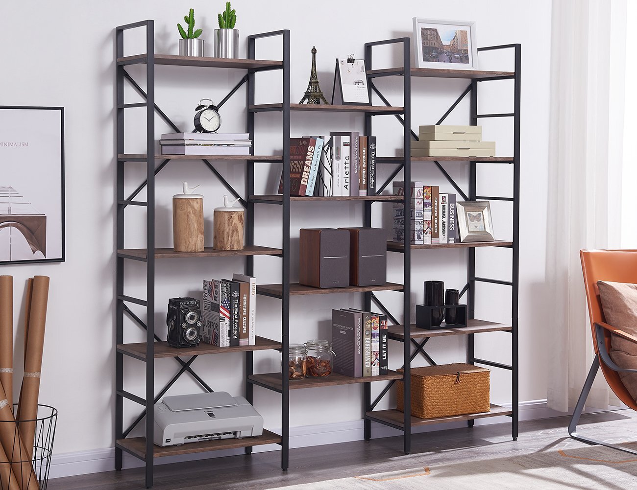 Industrial Vintage Bookshelf Wood & Metal Bookcase Furniture for Home & Office