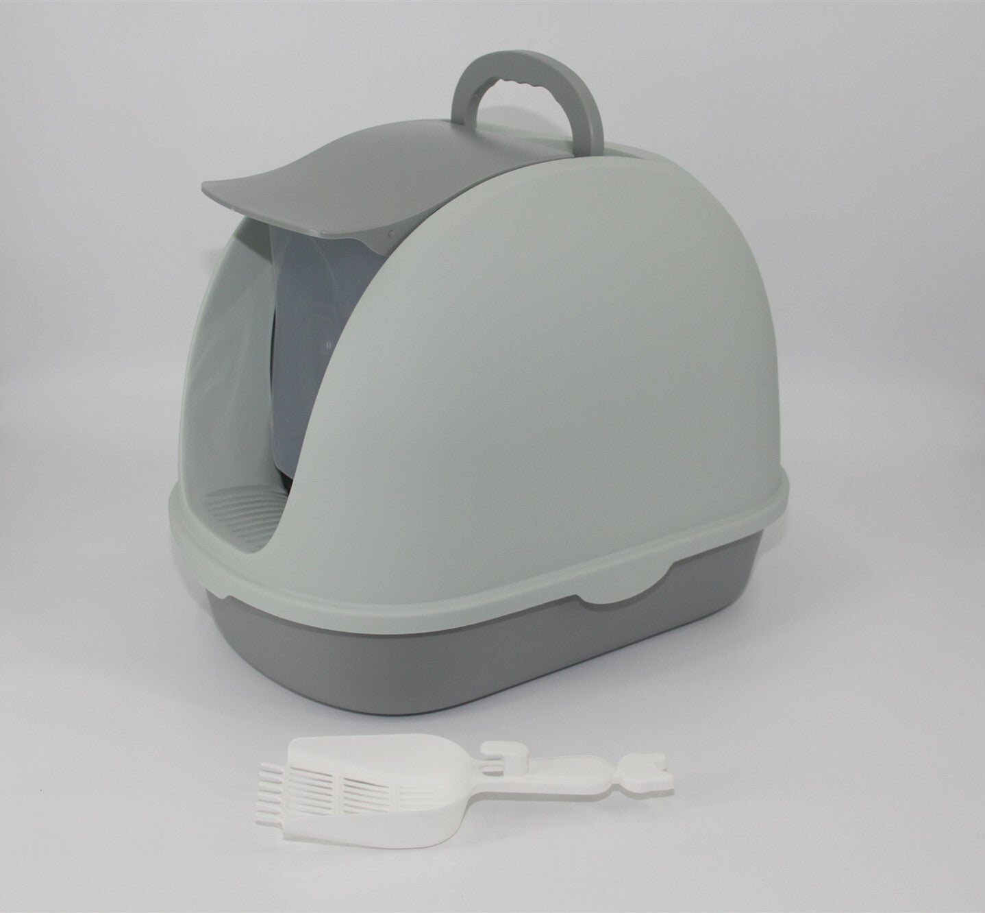 Cat Toilet Litter Box Portable Hooded Tray House with Scoop and Grid Tray - Grey