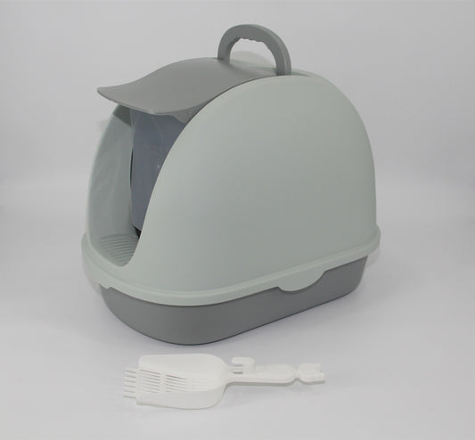 Cat Toilet Litter Box Portable Hooded Tray House with Scoop and Grid Tray - Grey