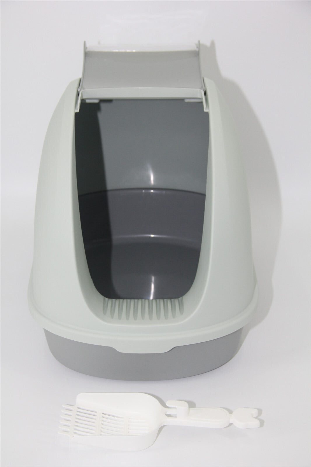 Cat Toilet Litter Box Portable Hooded Tray House with Scoop and Grid Tray - Grey