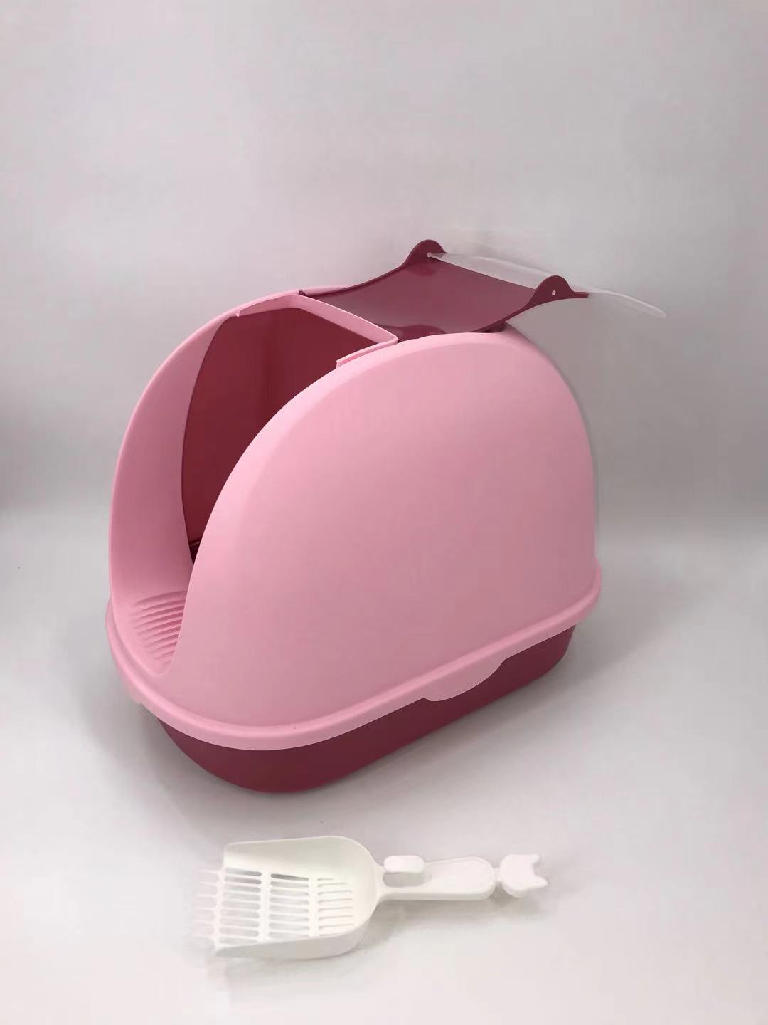 Cat Toilet Litter Box Portable Hooded Tray House with Handle & Scoop - Pink