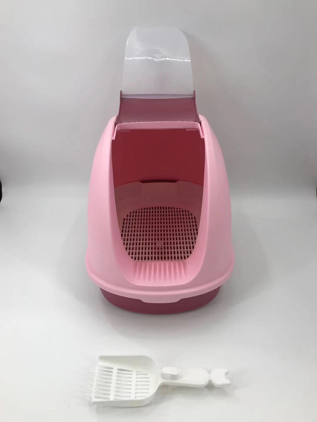 Cat Toilet Litter Box Portable Hooded Tray House with Scoop & Grid Tray - Pink