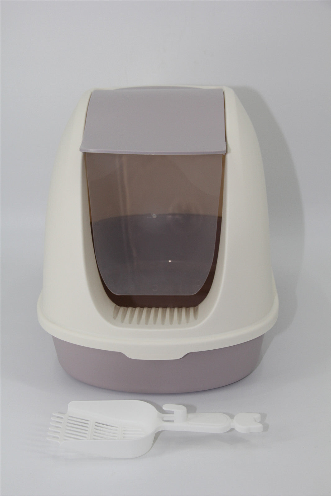 Cat Toilet Litter Box Portable Hooded Tray House with Scoop & Grid Tray - White