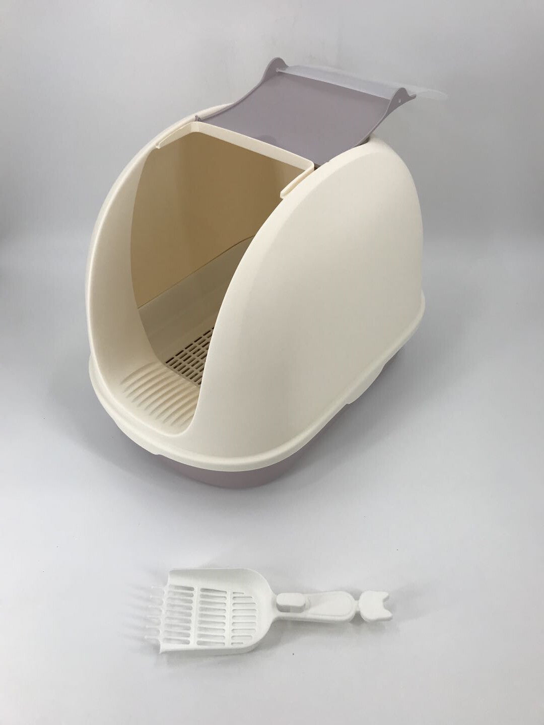 Cat Toilet Litter Box Portable Hooded Tray House with Scoop & Grid Tray - White