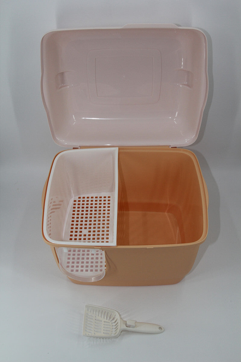 Cat Toilet Litter Box XL Portable Hooded Tray House with Handle and Scoop - Brown