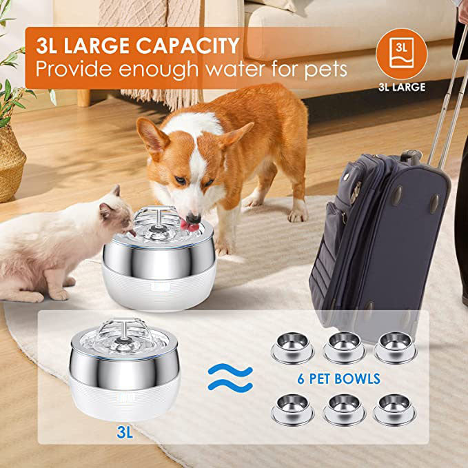 Automatic Pet Water Fountain 3L Dog Cat Stainless Steel Feeder Bowl Dispenser - Black