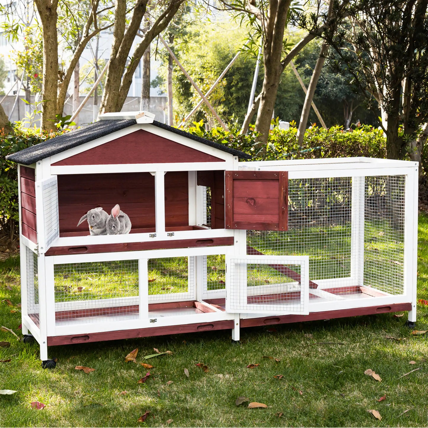 Rabbit Hutch Double Storey Large Guinea Pig Ferret Cage with Pull-Out Tray on Wheels