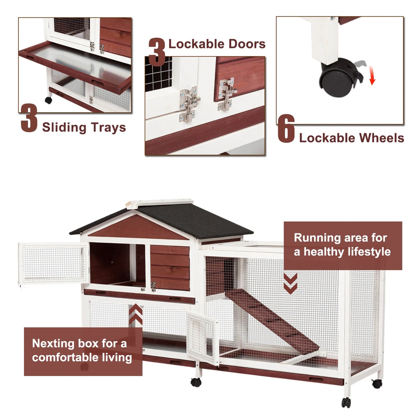 Rabbit Hutch Double Storey Large Guinea Pig Ferret Cage with Pull-Out Tray on Wheels