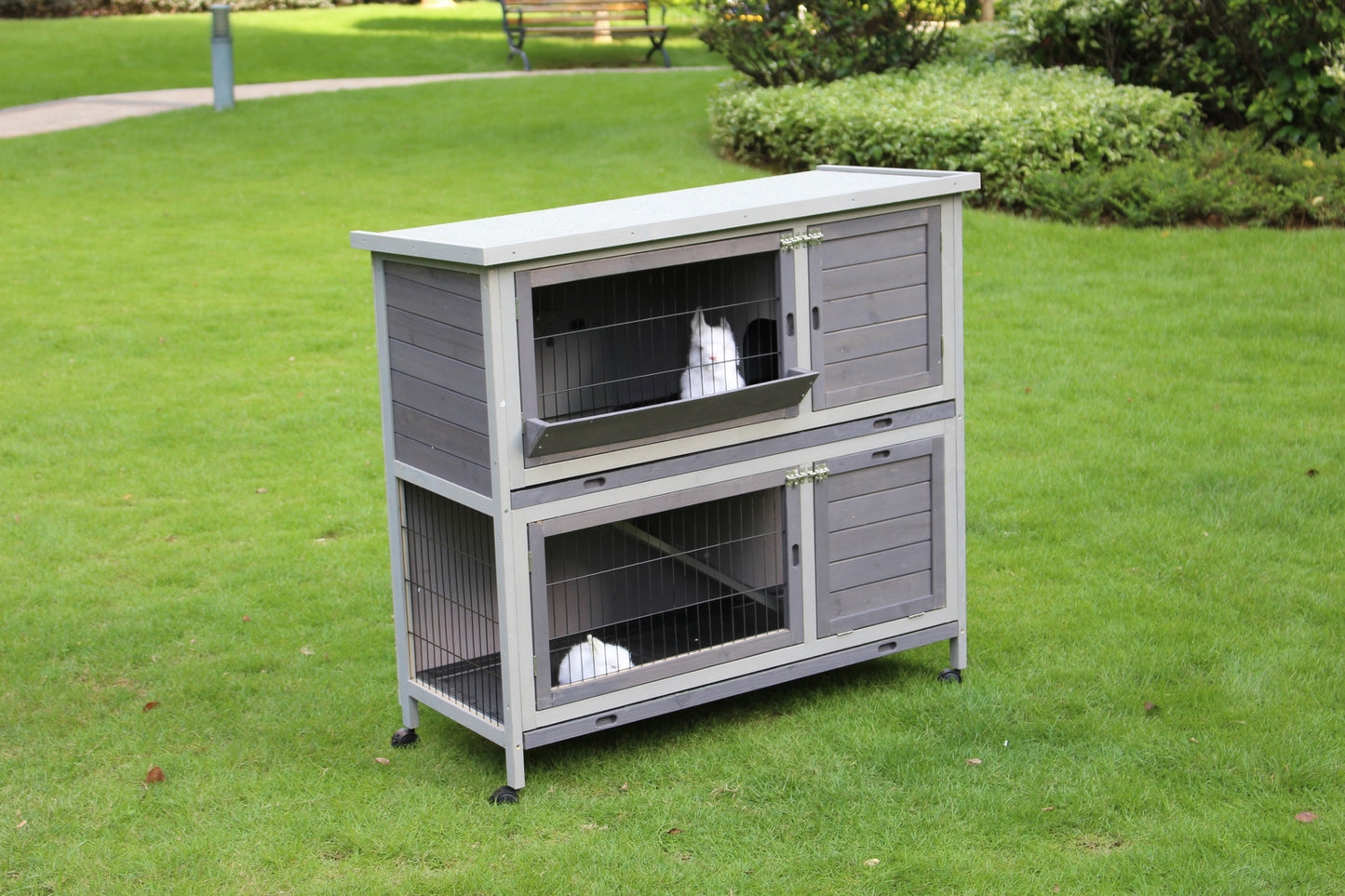 Rabbit Hutch 110cm XL Double Storey Guinea Pig Ferret Cat Cage with Wheel & Pull Out Tray