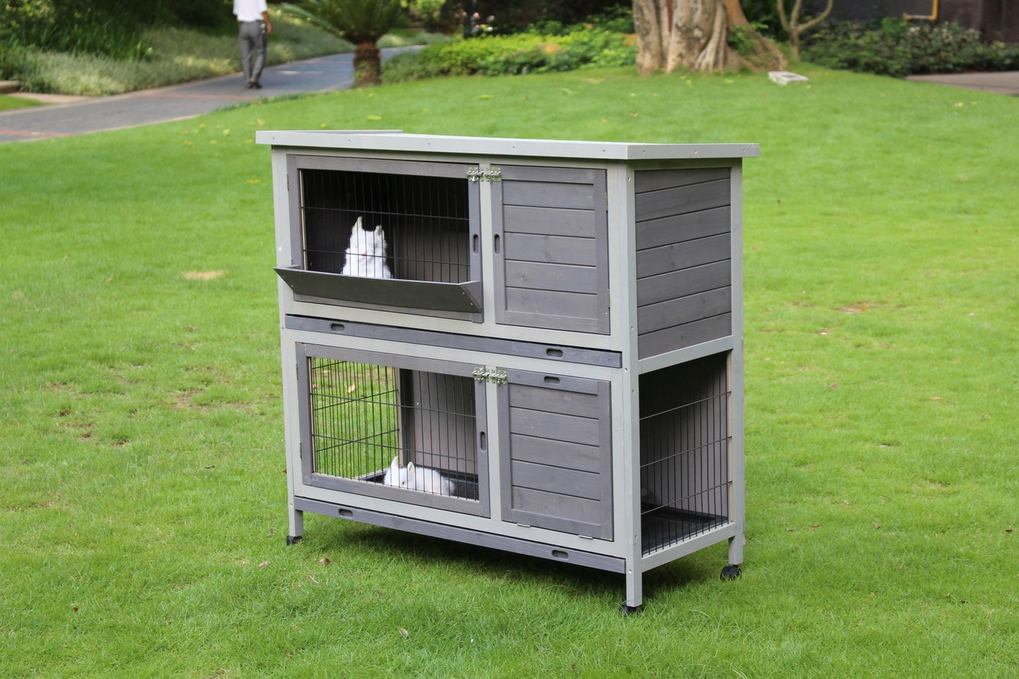 Rabbit Hutch 110cm XL Double Storey Guinea Pig Ferret Cat Cage with Wheel & Pull Out Tray