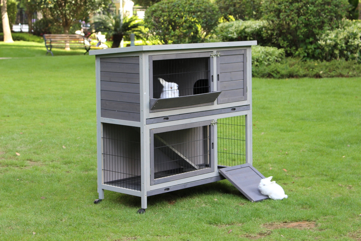 Rabbit Hutch 110cm XL Double Storey Guinea Pig Ferret Cat Cage with Wheel & Pull Out Tray