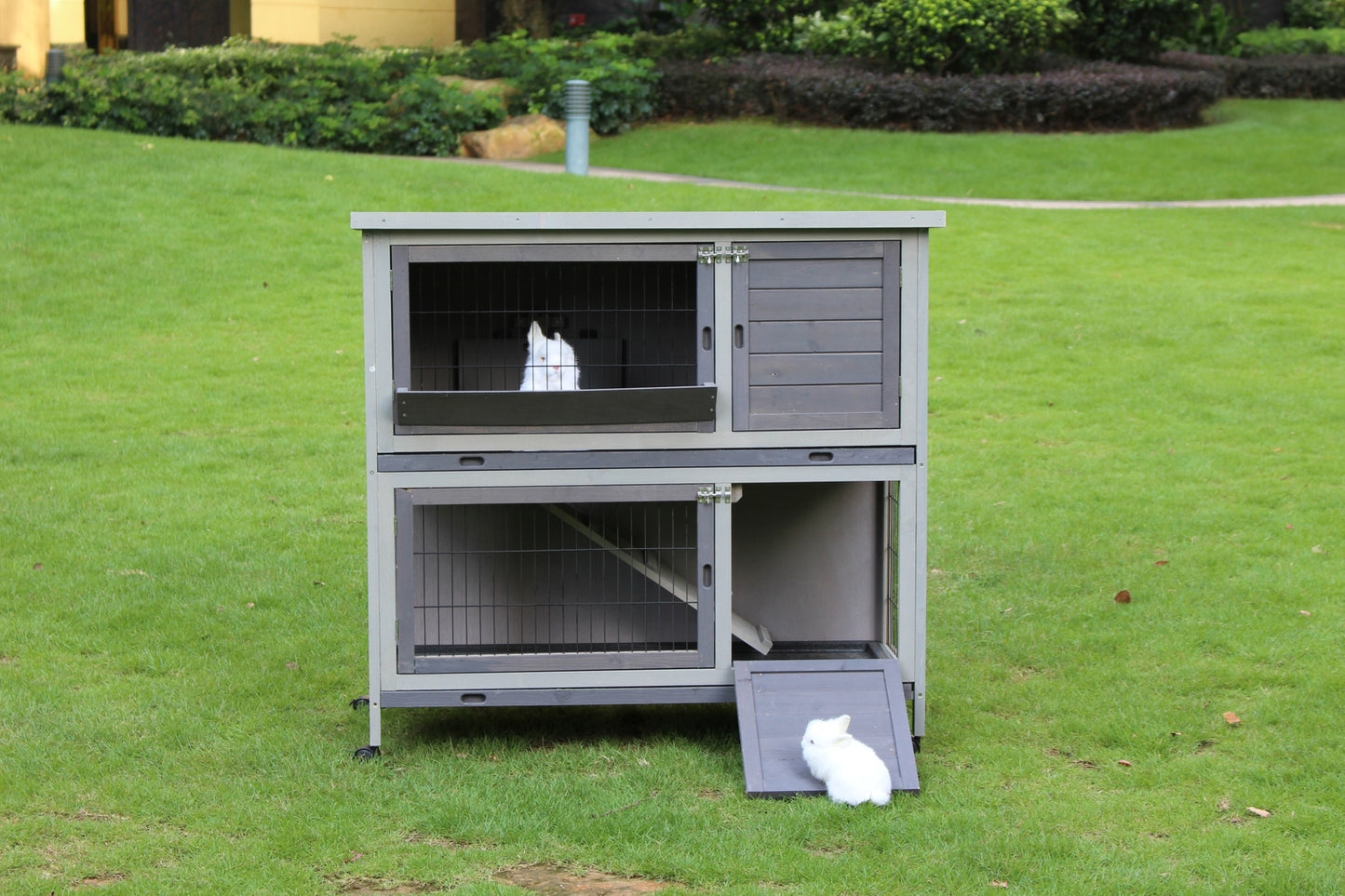 Rabbit Hutch 110cm XL Double Storey Guinea Pig Ferret Cat Cage with Wheel & Pull Out Tray