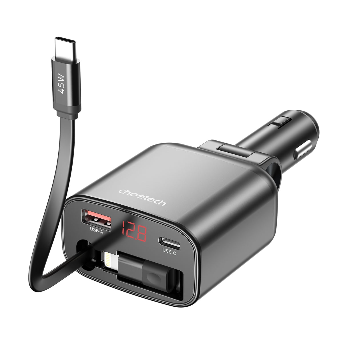 CHOETECH TC0033 105W USB-C+USB-A Fast car charger with Stretchable USB-C + Lightning cables