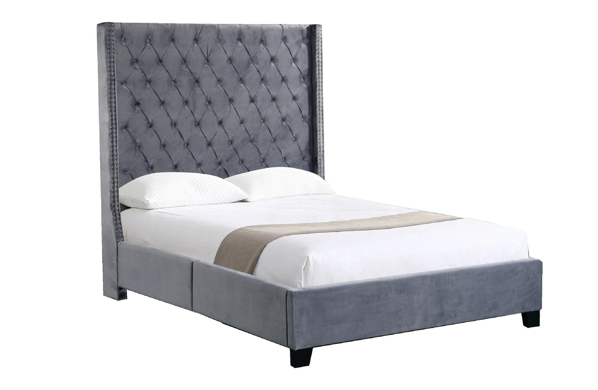 Ella Grey Velvet Winged Bed 180cm - Queen