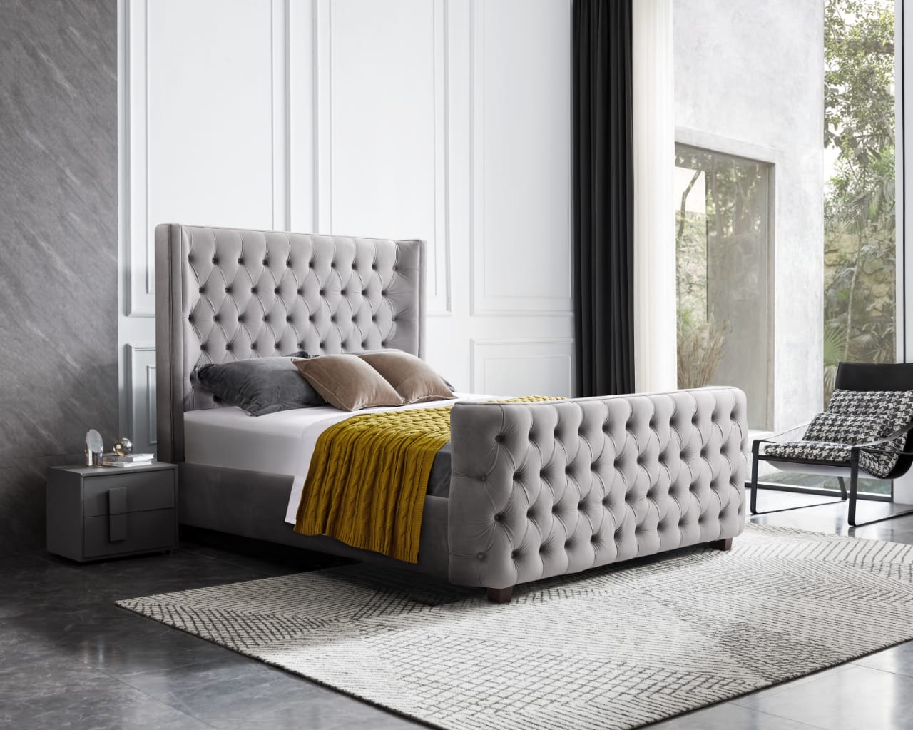 Milan Grey Velvet Tufted  Headboard and End board Bed Frame - King