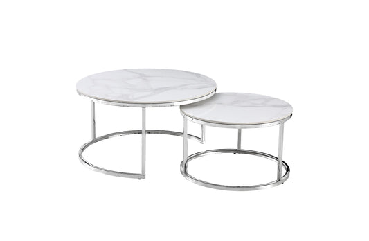 Nesting Style Coffee Table - White on Silver Stainless Steel 80cm/60cm