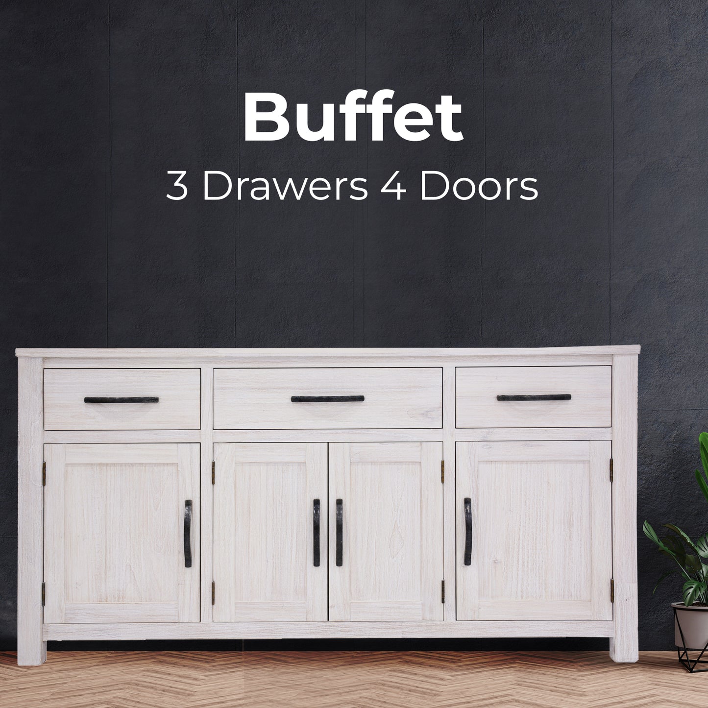 Buffet Table 158cm 4 Door 3 Drawer Solid Mt Ash Timber Wood - White