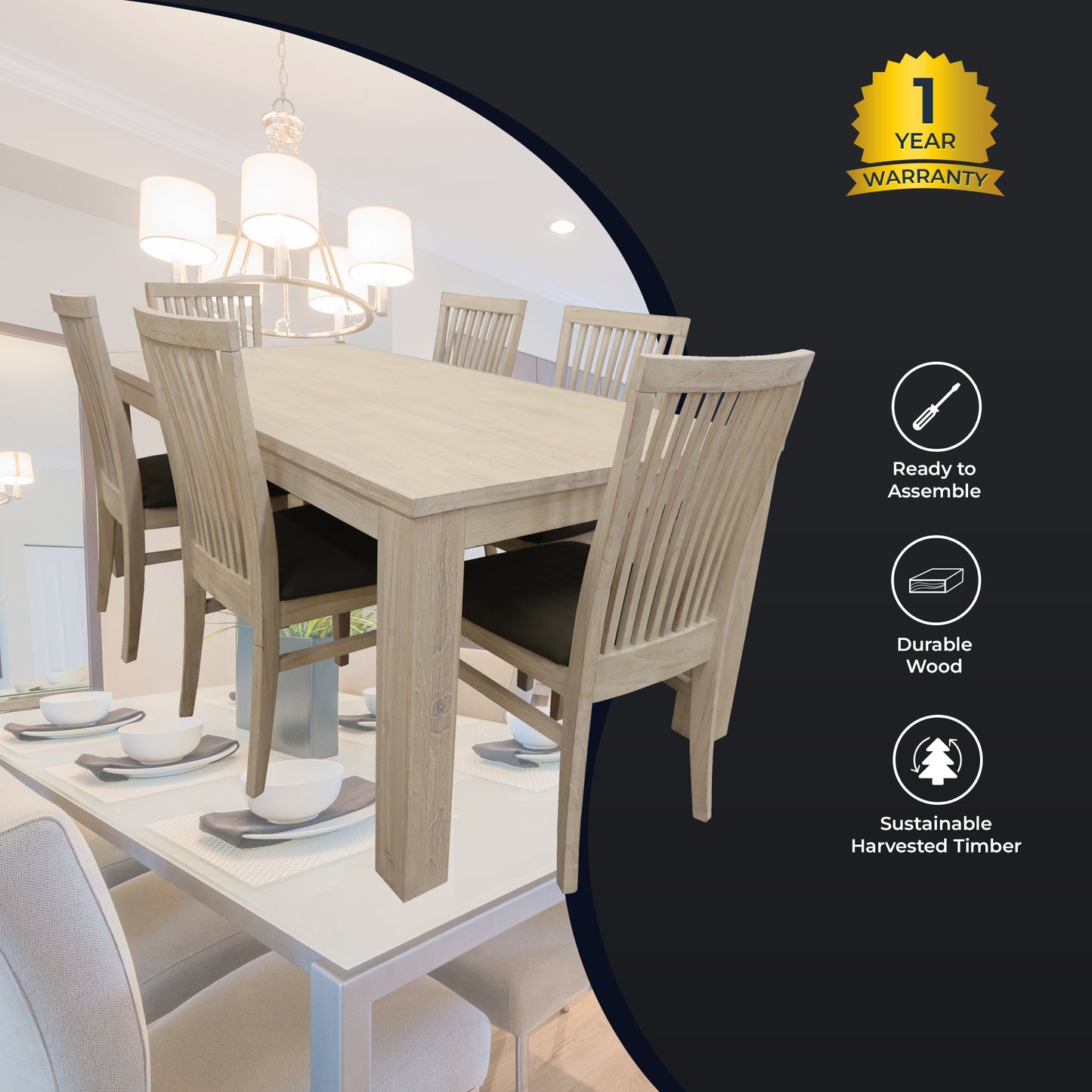 Dining Set 7pc 190cm Table with 6 PU Seat Chairs Solid Mt Ash Wood - White