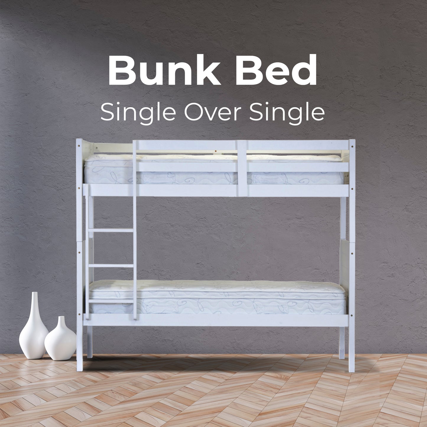 Zinnia Bunk Bed Frame Single Size Solid Rubber Timber Wood Loft Furniture - White