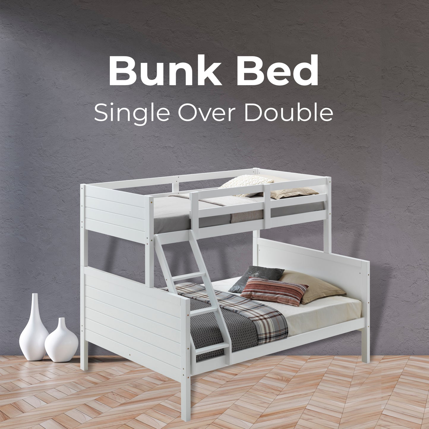 Zinnia Bunk Bed Frame Single Double Rubber Timber Wood Loft Furniture - White