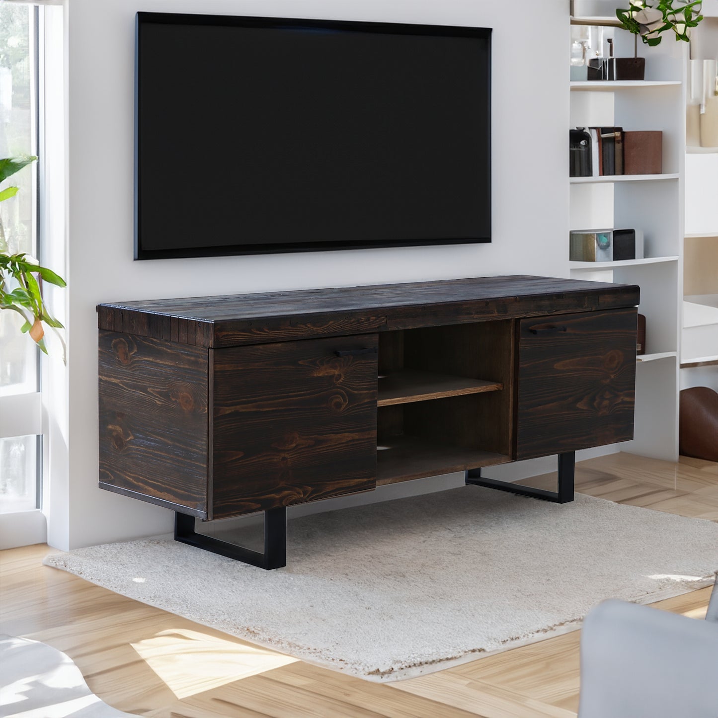 Rustica 160cm Entertainment TV Unit Solid Pine Wood 2 Door Black