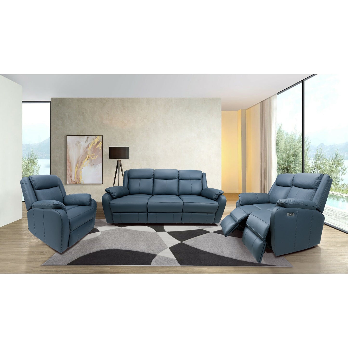 Bella 1 Seater Electric Recliner Leather Upholstered Lounge - Blue