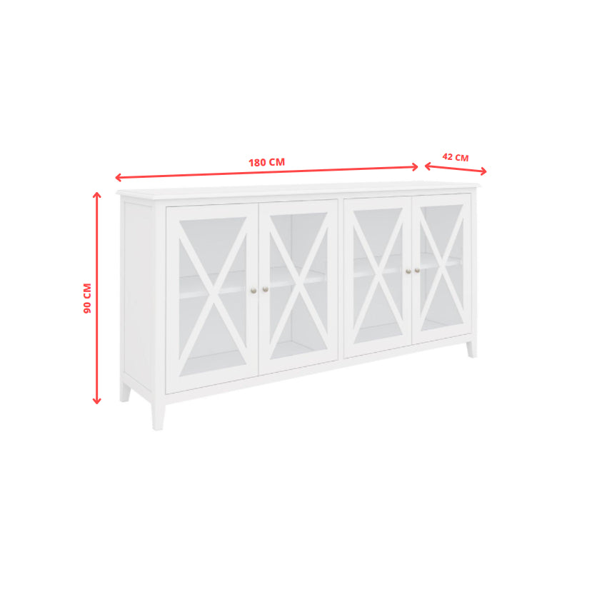 Buffet Table 180cm 4 Glass Door Solid Acacia Wood Hampton Furniture - White