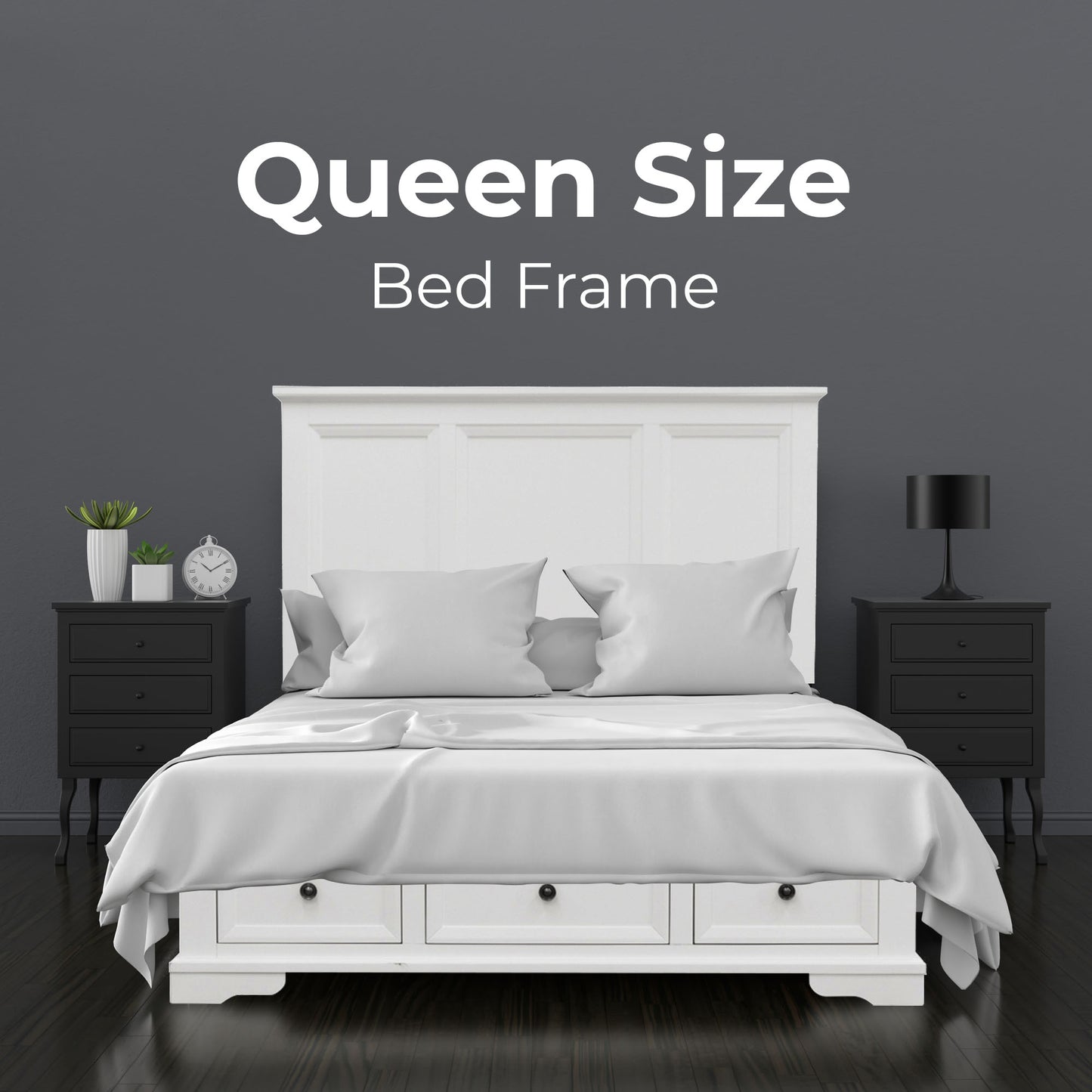 Queen Size Bed Frame Timber Mattress Base With Storage Drawers - White