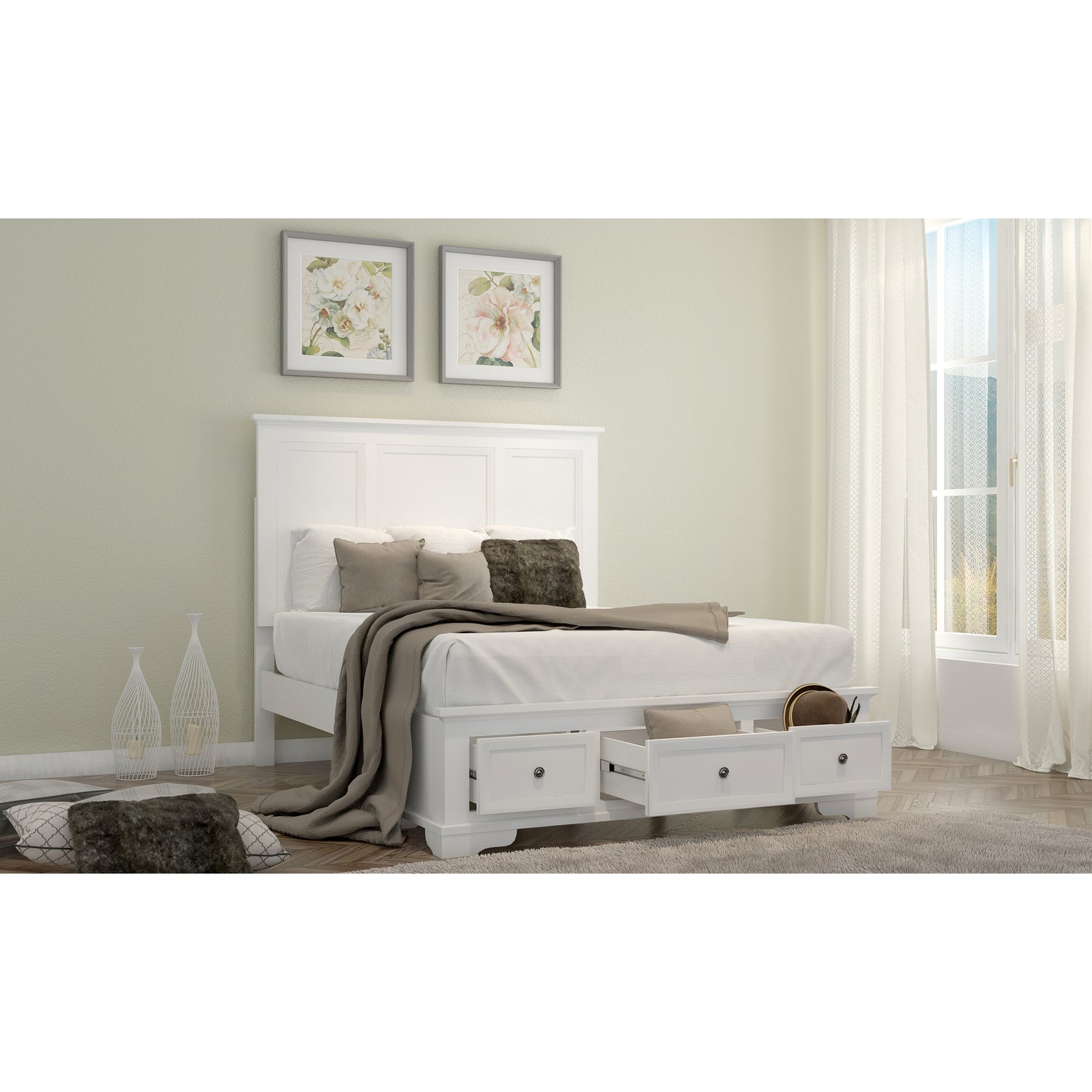 King Size Bed Frame Timber Mattress Base With Storage Drawers - White