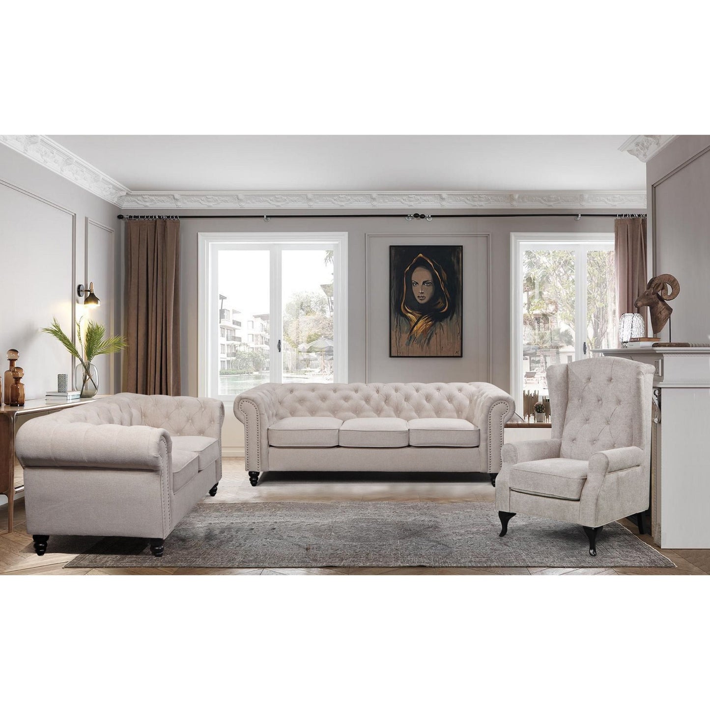 Wing Back Chair Sofa Chesterfield Armchair Fabric Uplholstered - Beige