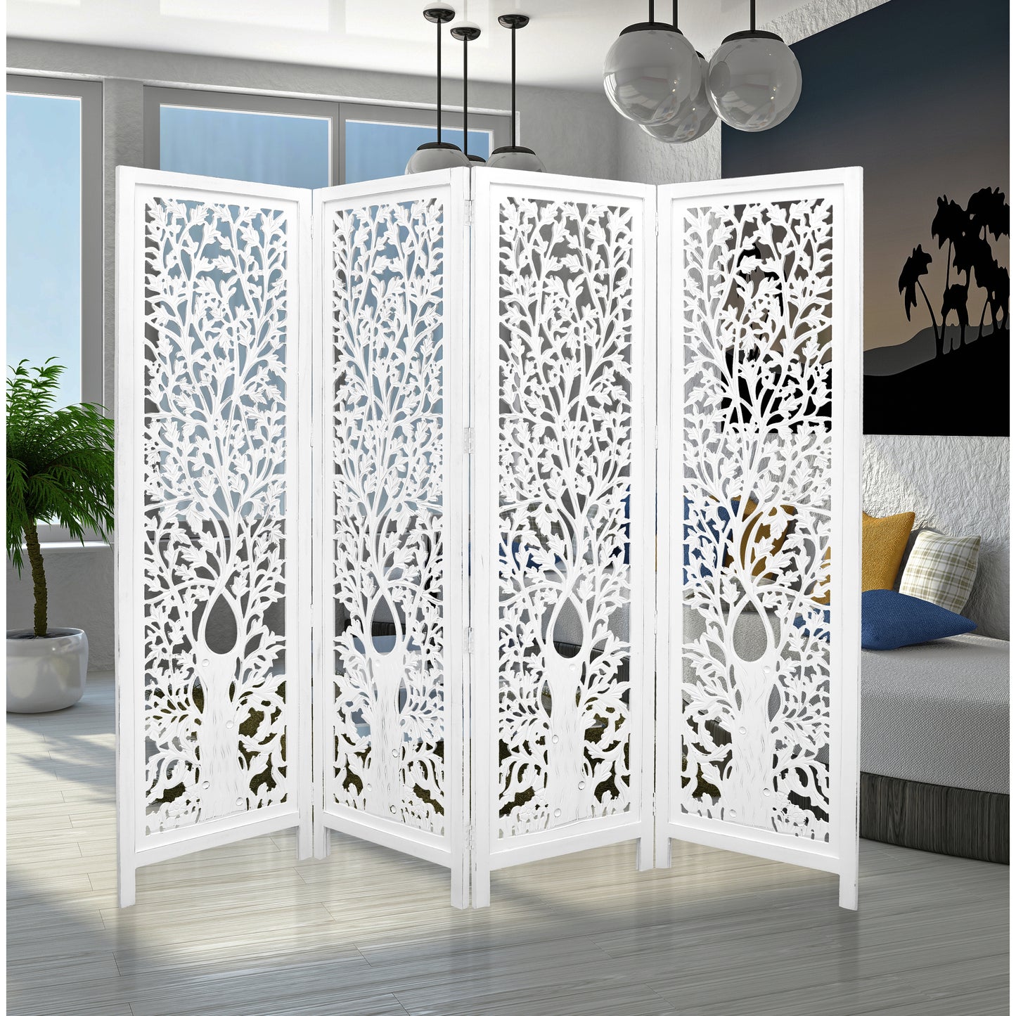 Room Divider Screen 4 Panel Privacy Shoji Timber Wood Stand - White