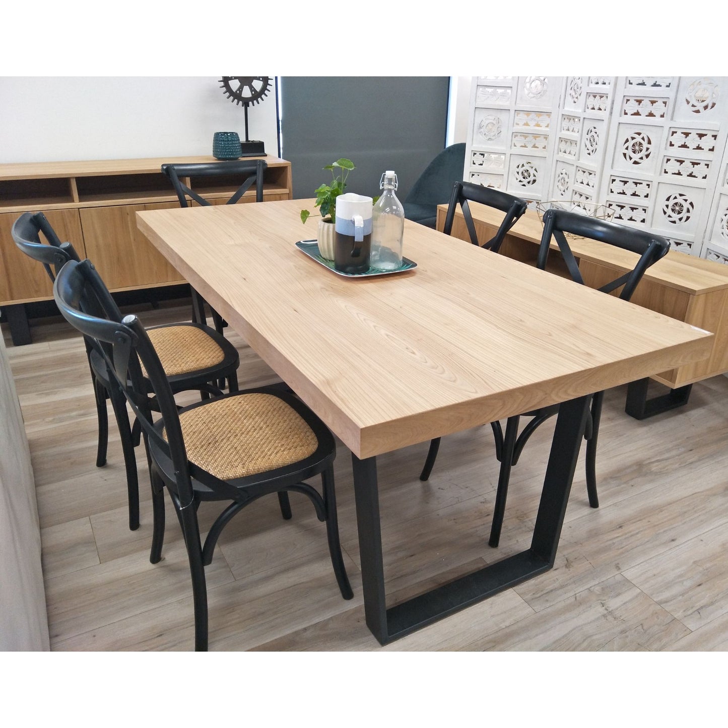 Dining Table 180cm Elm Timber Wood Black Metal Leg - Natural