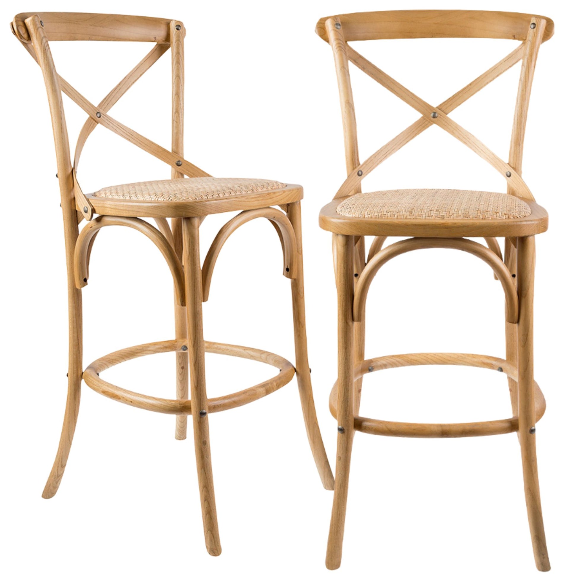 Aster 2pc Crossback Bar Stools Dining Chair Solid Birch Timber Rattan Seat - Oak