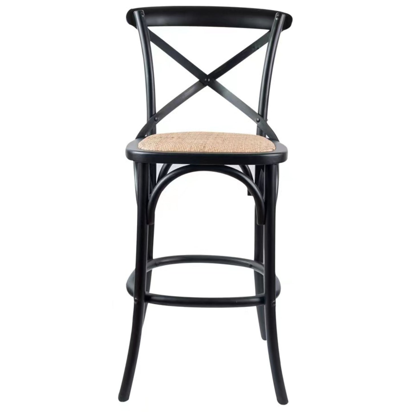 Crossback Bar Stools Set of 2 Dining Chair Solid Birch Timber Rattan Seat - Black