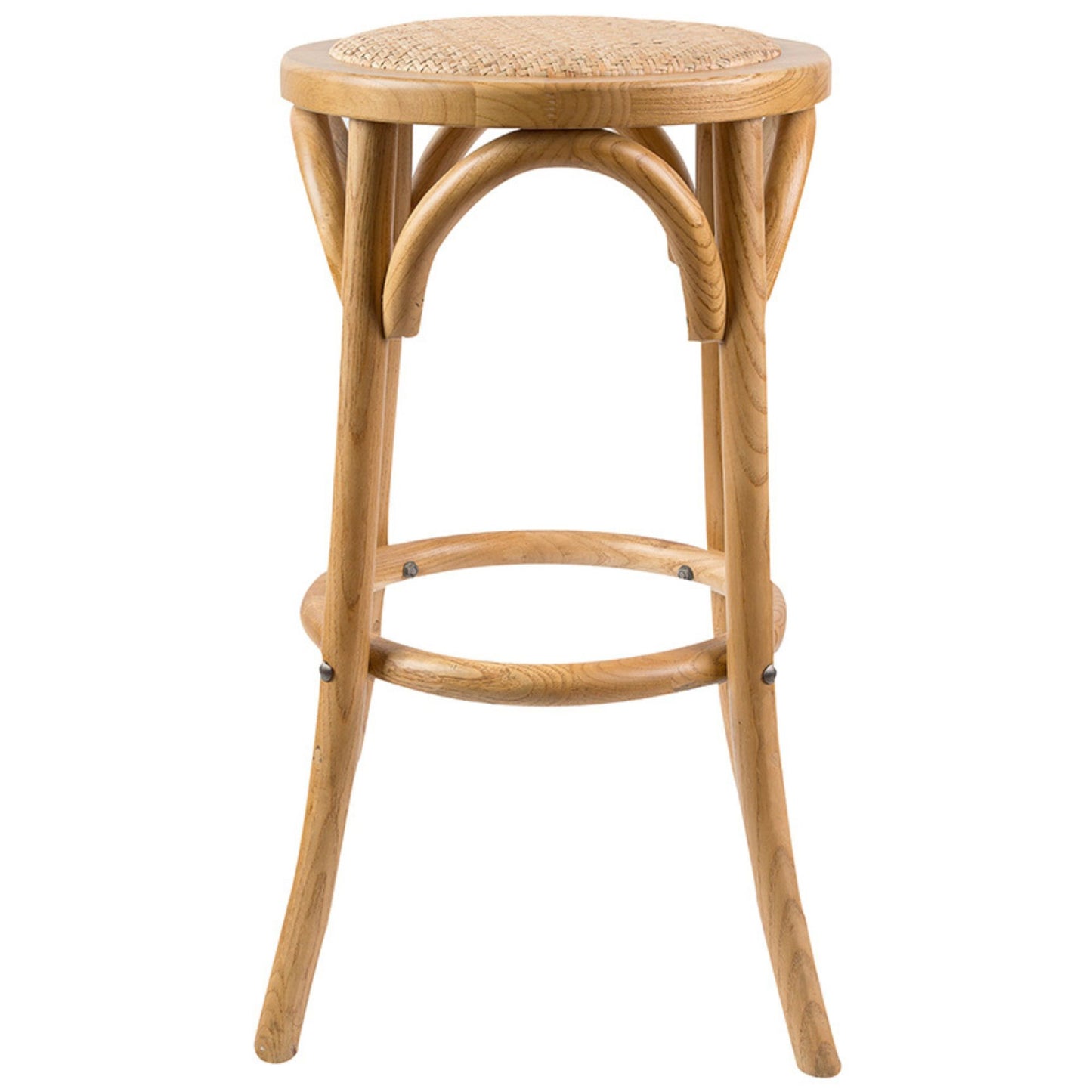 Round Bar Stools Set of 3 Dining Stool Chair Solid Birch Wood Rattan Seat - Oak