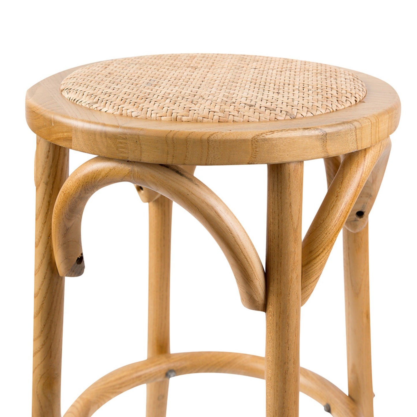 Round Bar Stools Set of 3 Dining Stool Chair Solid Birch Wood Rattan Seat - Oak