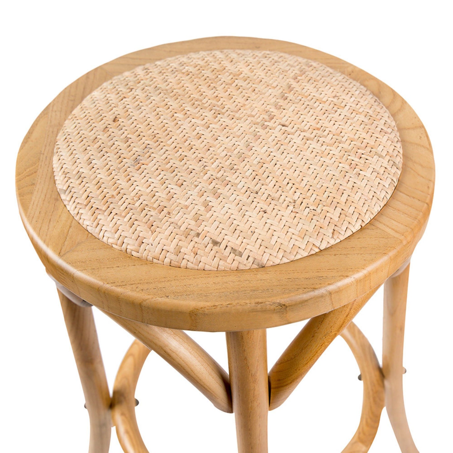 Round Bar Stools Set of 3 Dining Stool Chair Solid Birch Wood Rattan Seat - Oak