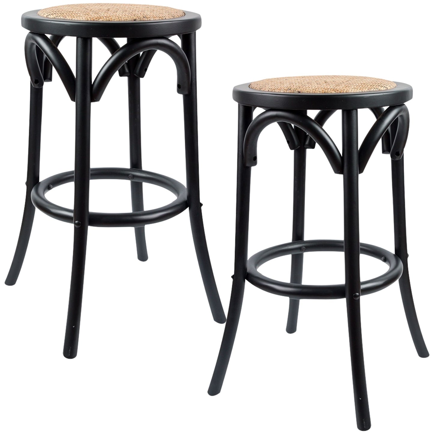 Aster 2pc Round Bar Stools Dining Stool Chair Solid Birch Wood Rattan Seat Black