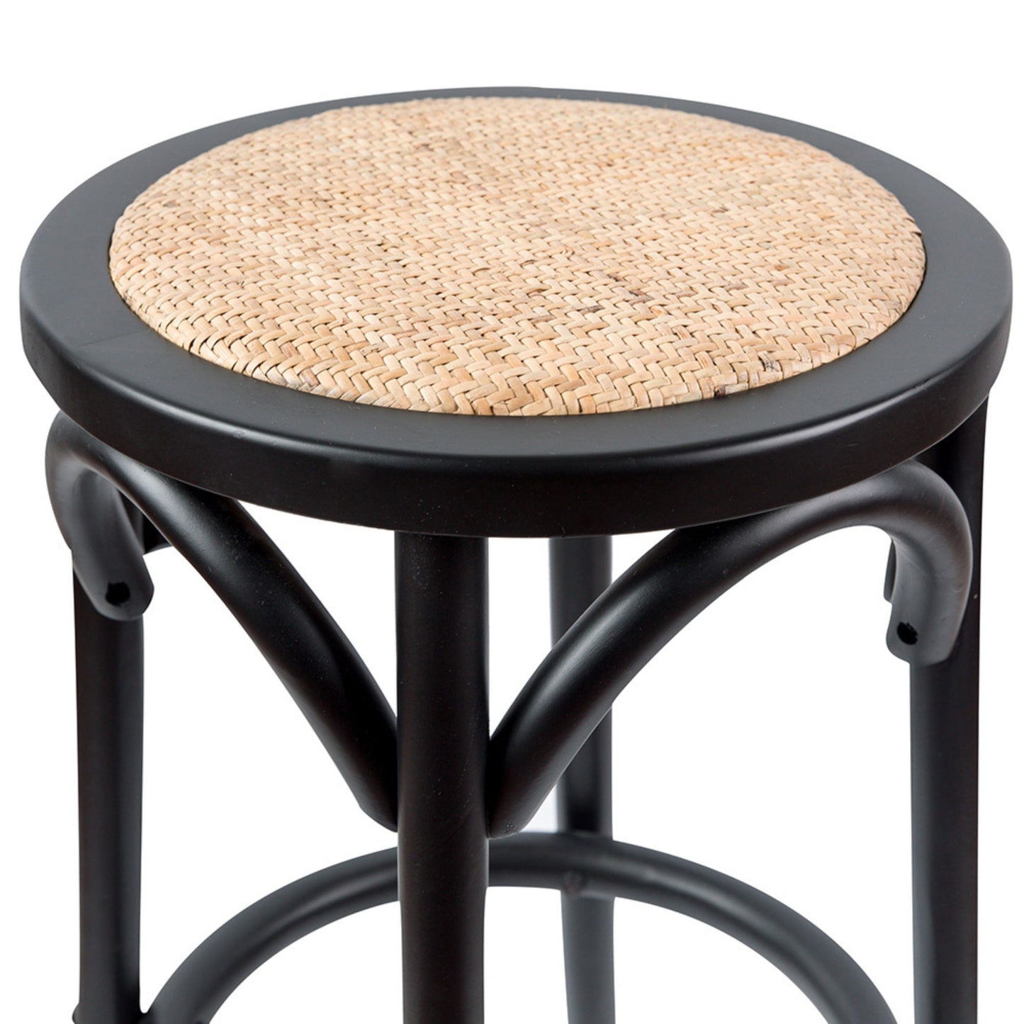 Round Bar Stools Set of 3 Dining Stool Chair Solid Birch Wood Rattan Seat - Black