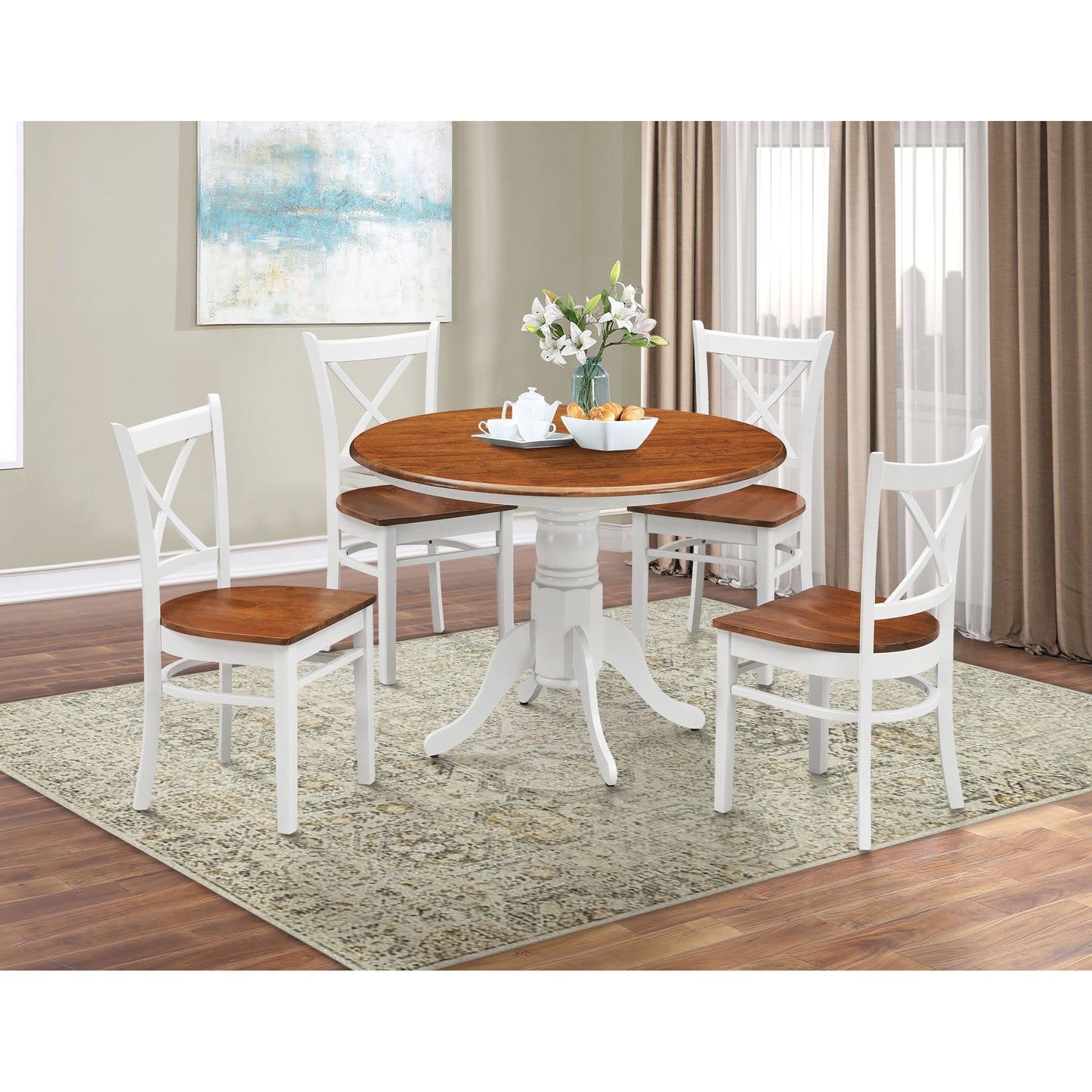 Round Dining Table 106cm Pedestral Stand Solid Rubber Wood - White Oak