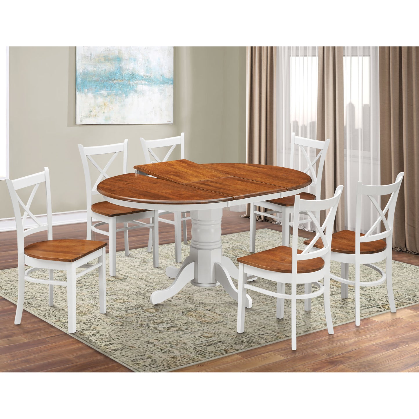 7pc Dining Set 150cm Extendable Pedestral Table 4 Timber Chair - White Oak