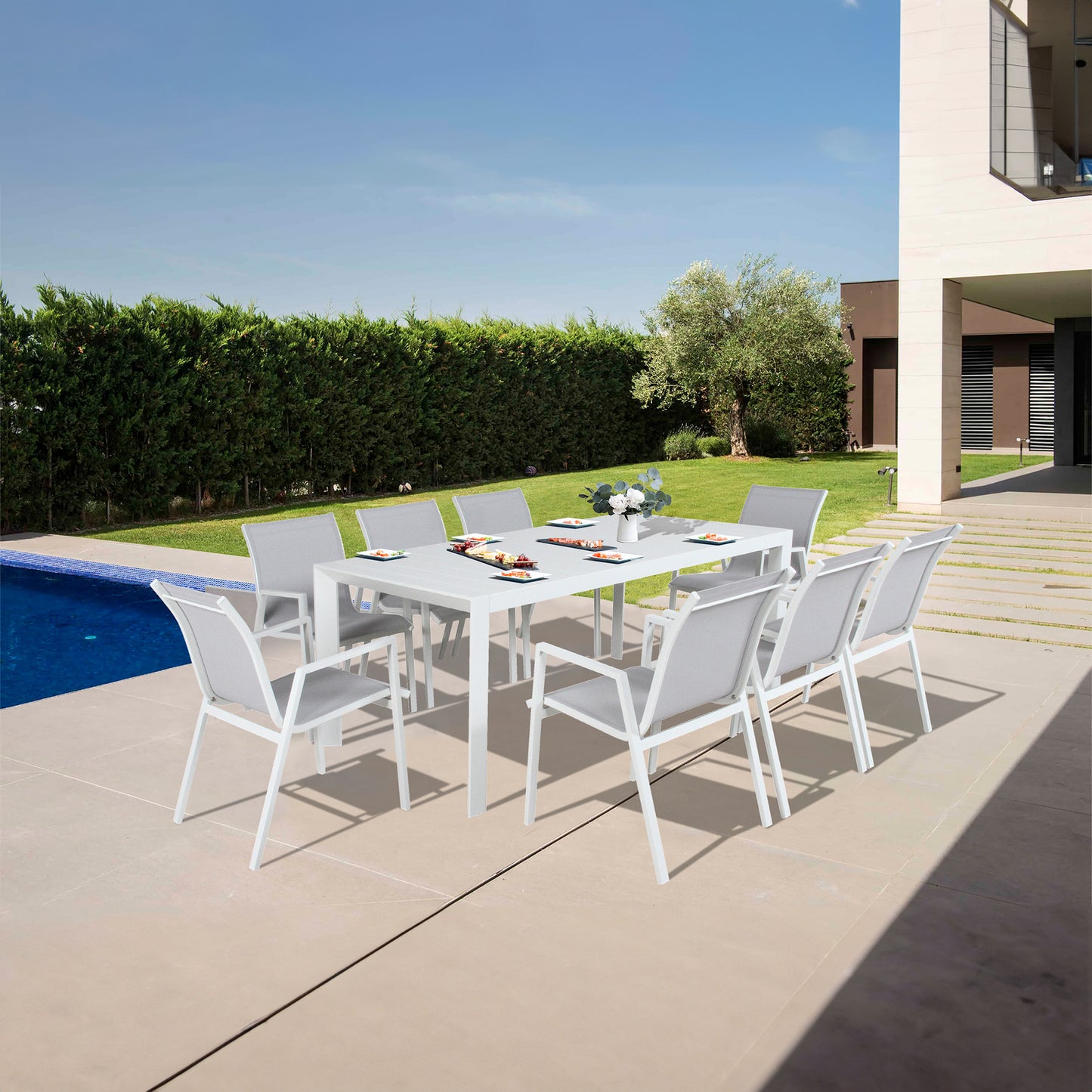 Iberia 13pc 230-345cm Aluminium Extending Outdoor Dining Table & Chairs - White