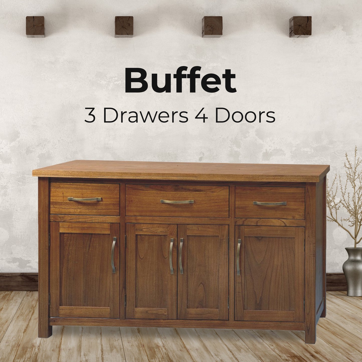 Buffet Table 161cm 4 Door 3 Drawer Solid Mt Ash Timber Wood - Brown