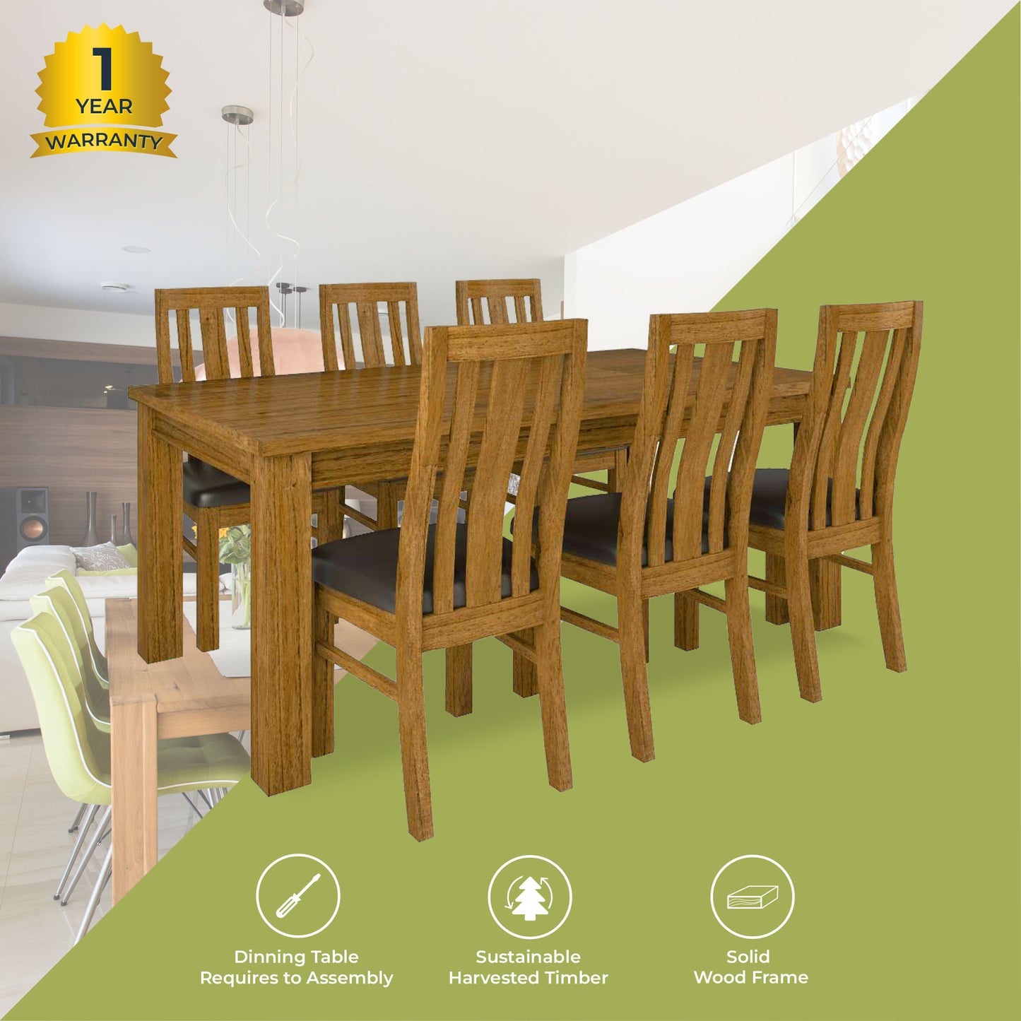 7pc Dining Set 190cm Table 6 PU Seat Chair Solid Mt Ash Wood - Brown