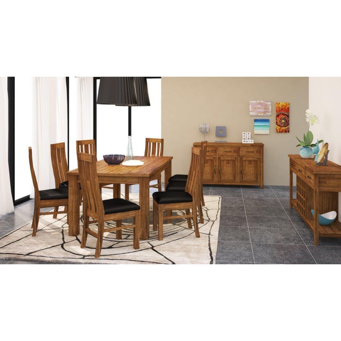 7pc Dining Set 190cm Table 6 PU Seat Chair Solid Mt Ash Wood - Brown