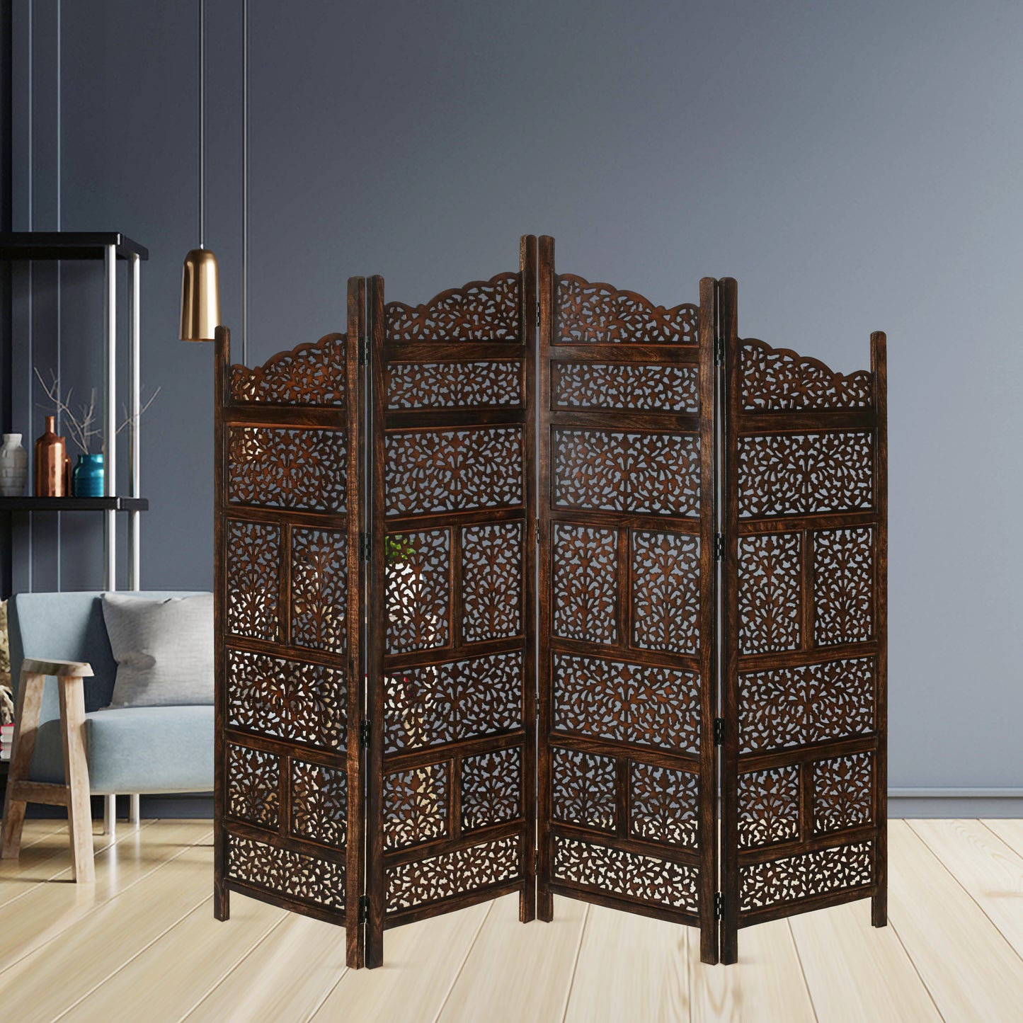 Vasco 4 Panel Room Divider Screen Privacy Shoji Timber Wood Stand - Burnt